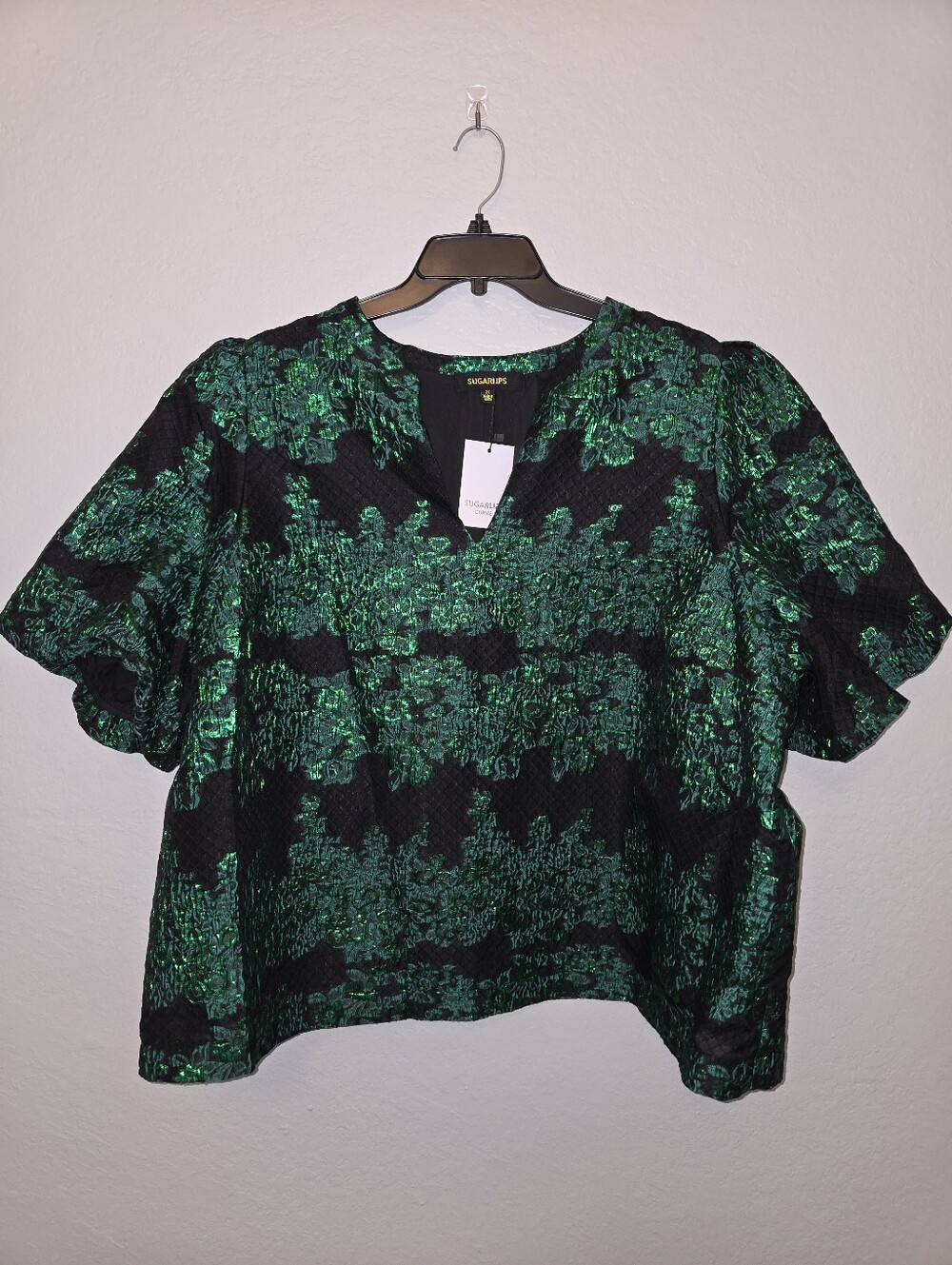 Sugarlips Elyna Floral Jacquard Alena Split V-Neck Puff Sleeves Pullover Top 3X - Picture 3 of 4